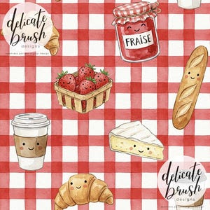 Op de afbeelding: Waterverfillustratie van een picknickscène met een rood-wit geblokt tafelkleed. Bevat een mandje met aardbeien, een pot jam met het label "Fraise", een baguette, een croissant, een koffiekopje en een stuk kaas.
