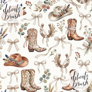Könnte beinhalten: Aquarell-Illustration mit Cowboy-Stiefeln, Hüten, Hufeisen und Schleifen. Die Stiefel und Hüte sind mit floralen Mustern und Federn verziert. Der Text "delicate brush designs" ist sichtbar. Das Thema ist rustikal und ländlich.