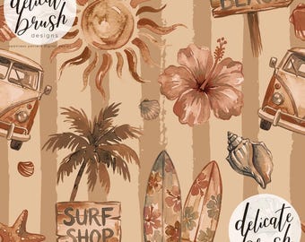Aquarell gemalt Strand Sommer Surf Palme Sun Motive Urlaub Boho Musterdesign / Stoffdesign / Digitales Muster