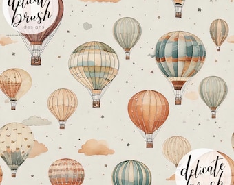 Heißluftballons Transport Himmel Vintage Aquarellgemaltes Nahtloses Muster / Stoffdesign / Oberflächenmuster / Digitales Muster
