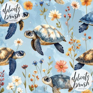 May include: Watercolor pattern featuring sea turtles, daisies, and wildflowers in shades of blue, brown, and orange. The turtles have detailed shells and flippers. The background is a light blue with a cloudy effect. The text "delicate brush designs" is in a circular design.
