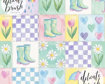 Watercolour Painted Spring Icons Weather Rain Flowers Rainbow Pastel Cute Children's Seamless Pattern / Fabric Design / Digital Pattern