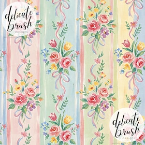 Puede incluir: Patrón floral acuarela con rayas verticales en colores pastel. Rosas rosas, tulipanes amarillos y flores moradas están dispuestas con lazos. El texto "delicate brush designs" está en un logotipo circular.