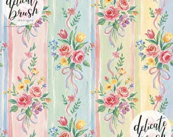 Watercolour Painted Spring Floral Stripes Ribbon Flowers Coquette Bow Pastel Ditsy Seamless Pattern / Surface Pattern / Digital Pattern