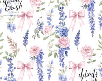 Aquarell gemalt Regency Vintage Kokette Band Bogen Trellis The Ton Floral Glyzinien Nahtloses Muster / Oberflächenmuster / Digitales Muster