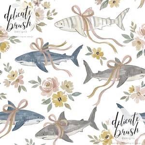May include: Watercolor pattern featuring sharks with pink bows and floral accents. The design includes sharks in shades of gray and blue, surrounded by flowers in soft yellow and pink hues, set against a white background. The text "delicate brush designs" is also present.