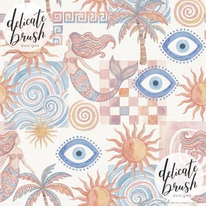 Pode incluir: Padrão aquarela repetido com sereias, sóis, palmeiras e símbolos de mau olhado. A paleta de cores inclui tons de pêssego, azul e rosa. O texto "delicate brush designs" é visível em um logotipo circular.