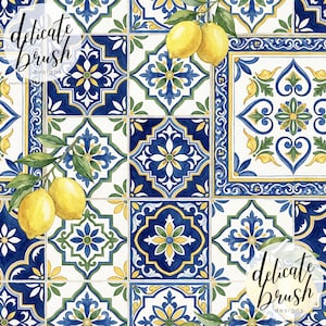 Puede incluir: Patrón de azulejos sin costuras con motivos florales azules, verdes y amarillos. El patrón incluye limones y el texto "delicate brush designs". El diseño recuerda a la decoración mediterránea.
