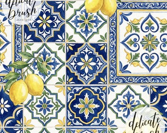 Padrão sem costura para tecido/estampa digital com azulejos italianos mediterrâneos pintados em aquarela, com tema de férias de verão e limões.