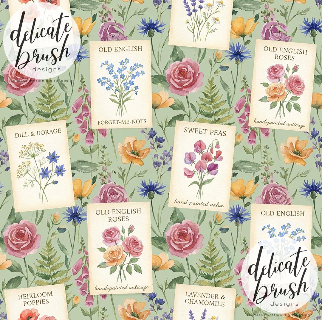 Pattern Packtes Watercolour Painted Seed Packets Vintage Floral Flowers Spring Summer ...