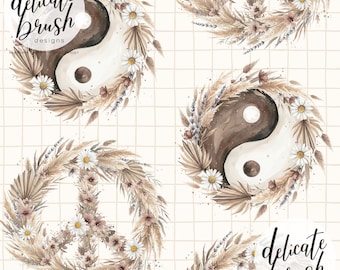 Aquarell gemaltes Yin Yang Peace Zeichen Retro 70er Jahre Boho Natur Boho Foliage Florales Nahtloses Muster / Stoffdesign / Digitales Muster