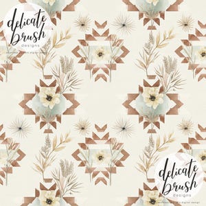 May include: A repeating pattern design with floral and geometric elements. The design features watercolor illustrations of flowers, leaves, and geometric shapes in brown, beige, and cream tones. The text "delicate brush designs" is visible.