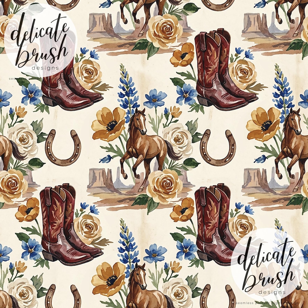 Watercolour Painted Spring Western Wild West Cowboy Horse Floral ...