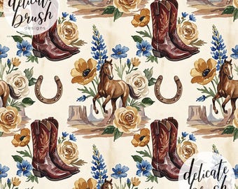 Watercolour Painted Spring Western Wild West Cowboy Horse Floral Bouquet Flowers Seamless Pattern / Surface Pattern / Digital Pattern