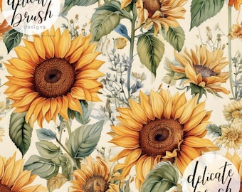 Sunflowers Floral Flowers Vintage Watercolour Painted Seamless Pattern / Fabric Design / Surface Pattern / Digital Pattern