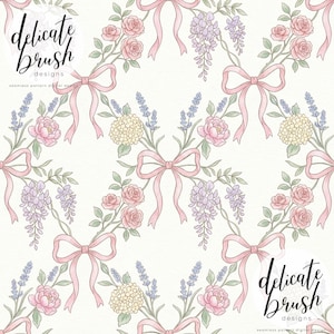 May include: A seamless digital pattern with floral arrangements. It features pink bows, roses, wisteria, and other flowers. The words "delicate brush designs" are in the upper left and lower right corners.