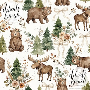 May include: Watercolor illustration featuring bears, moose, and evergreen trees. The bears and moose are adorned with floral crowns and scarves. The design includes bows and floral arrangements in a soft, neutral color palette. The text "Delicate Brush Designs" is visible.