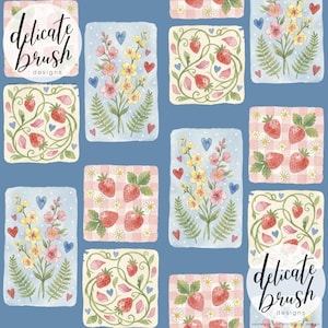 Könnte beinhalten: Nahtloses Musterdesign mit Aquarellillustrationen von Erdbeeren, Blumen und Herzen auf blauem Hintergrund. Das Design umfasst rechteckige Blöcke mit floralen und fruchtigen Motiven sowie den Text "delicate brush designs".