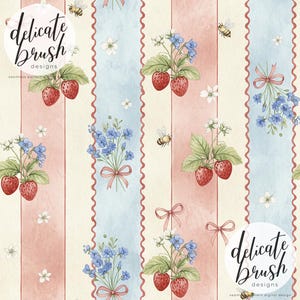 May include: Seamless pattern featuring strawberries, blue flowers, and bees on a striped background. The stripes alternate between light pink, light blue, and cream, with a scalloped red border. Delicate Brush Designs is written in a circle.
