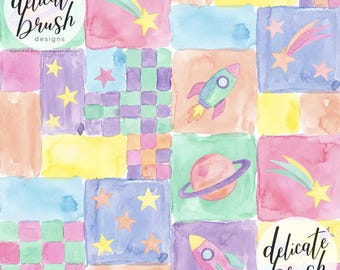 Watercolour Painted Celestial Patchwork Planets Moon Stars Rainbow Girls Retro Neutral Seamless Pattern / Fabric Design / Digital Pattern