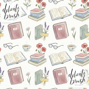 May include: Watercolor pattern featuring books, eyeglasses, flowers, and teacups. The design includes stacks of books in various colors, open books, daisies, poppies, lavender, and round eyeglasses. The text "delicate brush designs" is also present.