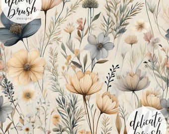 Estampa floral em aquarela com flores silvestres, estilo boho, neutra e suave, sem costura / Design para tecido / Estampa para superfície / Estampa digital