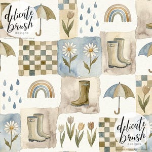 May include: Watercolor seamless pattern featuring umbrellas, rain boots, daisies, rainbows, and raindrops in a patchwork design. The color palette includes shades of brown, blue, and beige. The text "delicate brush designs" is visible in the image.