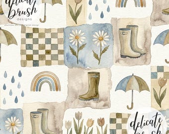 Watercolour Painted Spring Icons Weather Rain Flowers Rainbow Muted Neutral Scandi Seamless Pattern / Fabric Design / Digital Pattern