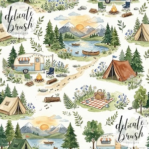 Wasserfarben Gemalt Camping Lagerfeuer Wald Outdoor Picknick Kayaking Muster / Stoffdesign / Oberflächenmuster / Digitales Muster