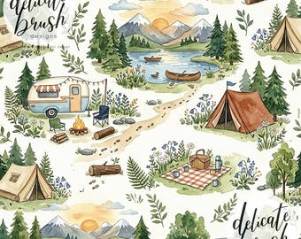 Watercolour Painted Camping Camp Fire Forest Outdoor Picnic Kayaking Seamless Pattern / Fabric Design / Surface Pattern / Digital Pattern