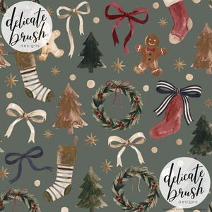 Könnte beinhalten: Ein nahtloses Muster auf dunkel salbeigrünem Hintergrund mit Aquarellillustrationen von Weihnachtsstrümpfen, Lebkuchenmännern, Tannenbäumen, Kränzen, Schleifen und goldenen Sternen, mit dem Text delicate brush designs.