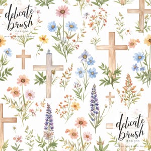 May include: A seamless pattern featuring watercolor illustrations of wooden crosses and colorful wildflowers in shades of pink, blue, orange, and yellow. The words "delicate brush designs" are written in a script font.
