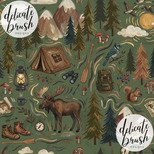 May include: A seamless pattern with a woodland camping theme. The design includes a tent, moose, trees, a blue jay, and a backpack. The colour palette is dominated by greens, browns, and creams, creating a rustic and outdoorsy feel. The text "delicate brush designs" is visible.