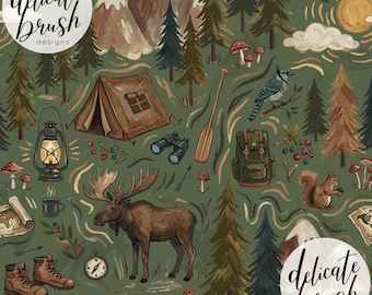 Watercolour Painted Outdoors Woodland Forest Camping Camp Hiking Mountains Hike Seamless Pattern / Surface Pattern / Digital Pattern