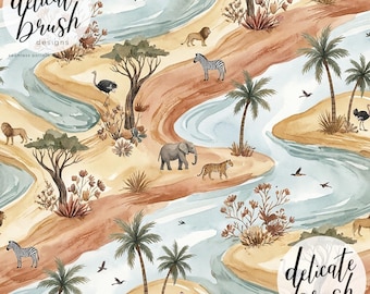 Watercolour Painted Safari Desert Lake Scene Jungle Summer Boho Leopard Animals Africa Seamless Pattern / Surface Pattern / Digital Pattern