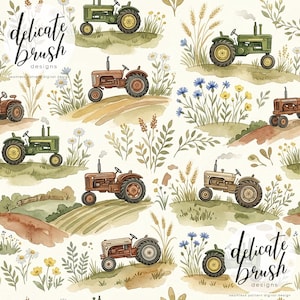 May include: Watercolor pattern featuring vintage tractors in shades of green, brown, and cream, set against a backdrop of fields, flowers, and foliage. The design includes the text "delicate brush designs".