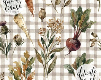 Watercolour Painted Root Vegetables Veg Floral Vintage Rustic Boho Gingham Check Fall Seamless Pattern / Surface Pattern / Digital Pattern