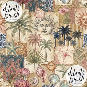 May include: A collage-style design featuring vintage illustrations of palm trees, seashells, starfish, and sun faces. The design incorporates various patterns, including paisley, floral, and striped backgrounds, with the text "delicate brush designs" in a circular logo.