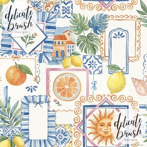 Peut inclure: Motif aquarelle avec des citrons, des oranges et un soleil souriant, sur fond de carreaux bleus et blancs, de cadres et de feuilles tropicales. Le motif comprend le texte "delicate brush designs".