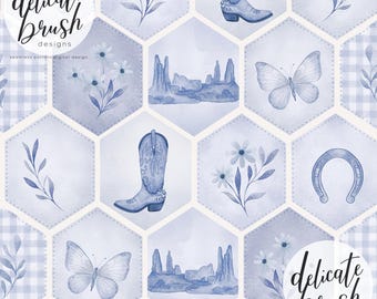 Aquarell gemaltes Patchwork Western Wilder Westen Cowboy Floral Blau Kokette Gingham Nahtloses Muster / Oberflächenmuster / Digitales Muster