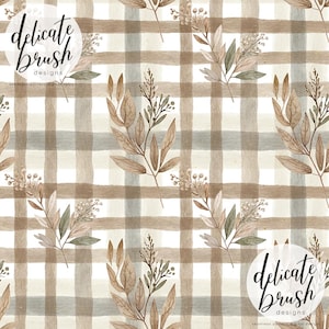 Op de afbeelding: Waterverfpatroon met een geruite achtergrond in bruin, beige en grijs. Delicate botanische illustraties van bladeren en takjes zijn verspreid over het ontwerp. De tekst "delicate brush designs" staat in een cirkelvormig logo.