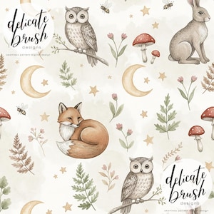 May include: A seamless pattern design with woodland animals such as an owl, fox, and rabbit, alongside mushrooms, stars, and crescent moons. The design includes the text "delicate brush designs" and is in soft watercolour tones.