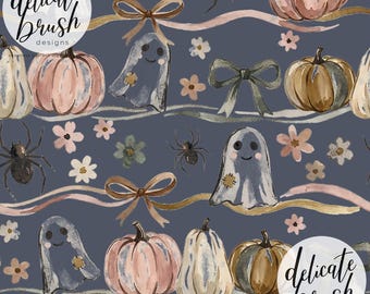 Padrão sem costura / Padrão de superfície / Padrão digital com estampa floral boho boêmia de abóbora de Halloween pintada em aquarela, fantasma de outono, laço fofo em azul marinho