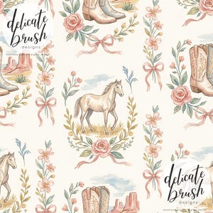 May include: A seamless pattern design with watercolour illustrations of cowboy boots, horses, roses, and bows. The design includes the text "delicate brush designs" in a cursive font. The colour palette includes soft pinks, tans, and greens.