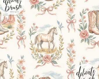 Watercolour Painted Spring Western Wild West Cowboy Horse Floral Coquette Flowers Seamless Pattern / Surface Pattern / Digital Pattern