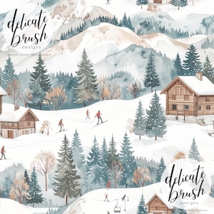 Op de afbeelding: Waterverf winterlandschap met besneeuwde bergen, dennenbomen en houten chalets. Skiërs en een skilift zijn zichtbaar op de hellingen. De afbeelding bevat de tekst "delicate brush designs", waardoor een naadloos patroon ontstaat.