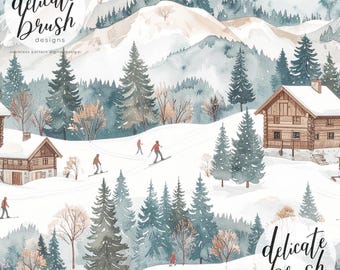 "Aquarell gemaltes Vintage ""Skiing Ski Berge"" Boho Wald Waldland Nahtloses Muster / Stoffdesign / Oberflächenmuster / Digitales Muster."