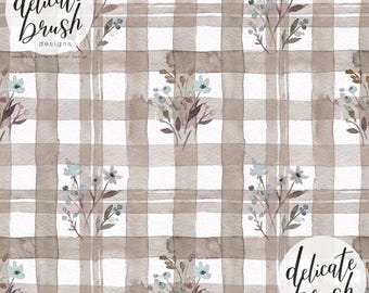 Watercolour Painted Gingham Floral Coquette Cottagecore Flowers Pastel Vintage Muted Monochrome Seamless Pattern  / Digital Pattern