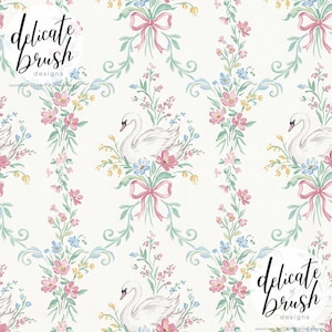 May include: A seamless pattern with white swans, pink bows, and floral bouquets. The design features pink, blue, and yellow flowers with green foliage on a cream background. The text "delicate brush designs" is visible.