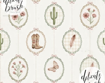 Padrão sem costura / Padrão de superfície / Padrão digital com pintura em aquarela de uma moldura vintage com botas de cowboy, estilo country, cowgirl e cactos florais.
